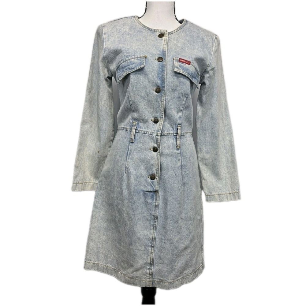 Vtg 80s Acid Wash Denim Bodycon Dress Button Size 9/10 Grunge Retro Y2K 3184